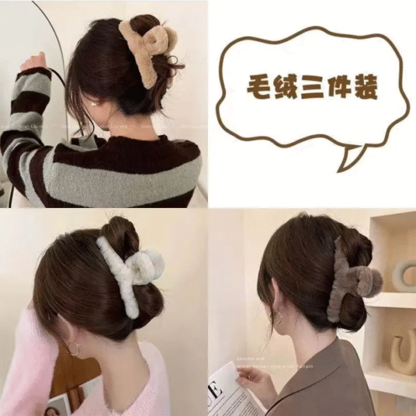 现货✨13cm特大号绒毛抓夹 Super Large Fluffy Hair Clip 可爱绒毛绒毛毛发夹发卡韩式少女鲨鱼夹后脑勺毛绒夹子头饰秋冬发饰 Korean Fashion Cute Bow Hair Claw Clip Hair Accessories - Image 4
