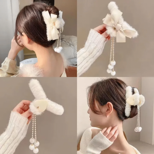 现货✨13cm特大号绒毛抓夹 Super Large Fluffy Hair Clip 可爱绒毛绒毛毛发夹发卡韩式少女鲨鱼夹后脑勺毛绒夹子头饰秋冬发饰 Korean Fashion Cute Bow Hair Claw Clip Hair Accessories - Image 2