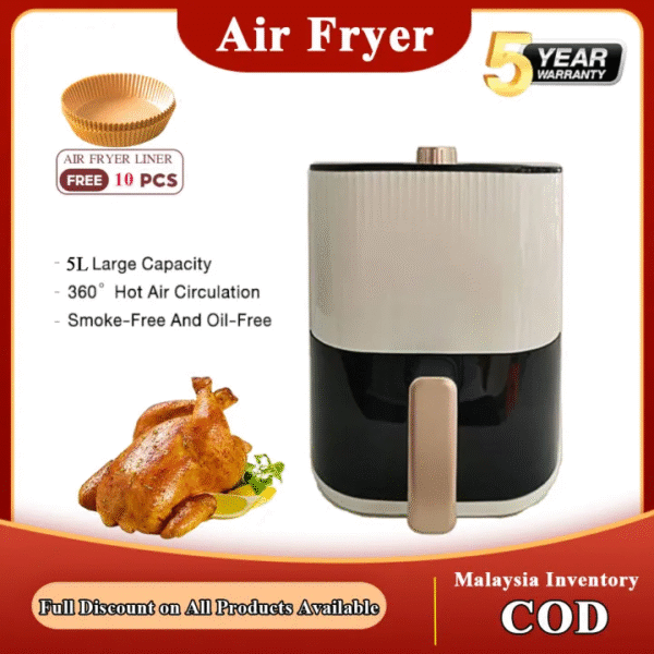 【5 Year Warranty 】5L Large Capacity TimerMulti Function Non Stick Oil Free Fry Roast GrillBake Deep Air Fryer